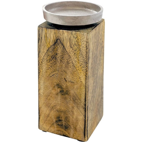 Mango Kerzenhalter mit Alu Kerzenteller - klein / 20 cm - Holz Kerzenständer für Stumpen- und Kugel-Kerzen