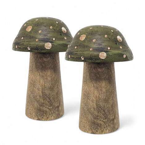Mangoholz Deko Pilz zum Hinstellen 12 cm - 2er Set - Holz Fliegenpilz Figur zur Herbstdeko