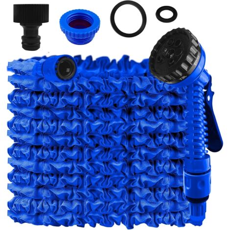 Manguera de jardín extensible Bosmsaslad de 7,5 m, con 7 modos de pulverización, riego flexible, ligera y fácil de guardar para riego, jardín y limpieza (azul).