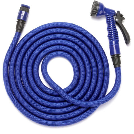 Manguera de jardín extensible de 15 m, ligera, con pistola pulverizadora de 7 posiciones, conector universal y soporte para grifo. Color azul.