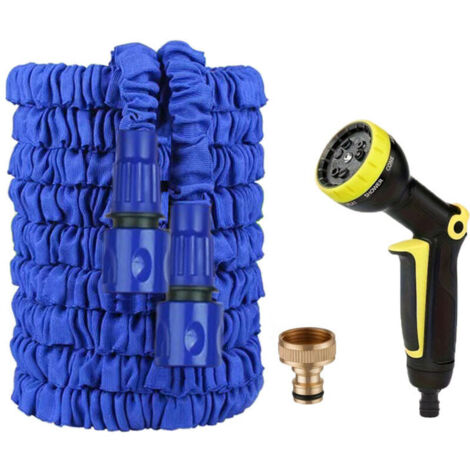 Manguera de jardín extensible de 7,5 m – pistola pulverizadora ergonómica amarilla y negra con apoyo para el pulgar, kit completo listo para usar.