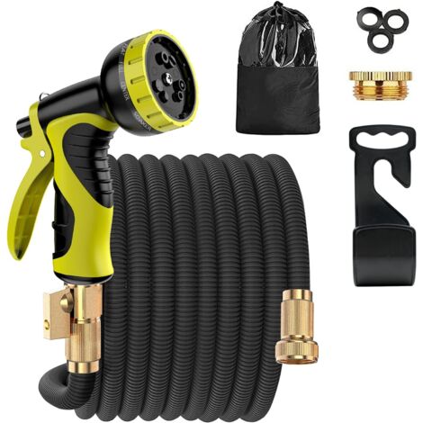 Manguera de jardín extensible - Pistola rociadora de 9 funciones + Conectores metálicos + Núcleo de látex triple + Bolsa de almacenamiento + Soporte, ideal para el hogar y el jardín (Modelo A-15M)
