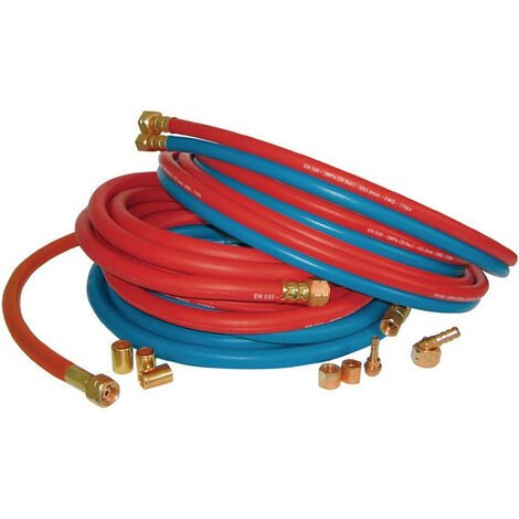 Manguera doble autógena 766 prensada D. int. 9 x 6 mm de espesor. espesor de pared 3,5 x 5 mm int. 1/4 pulg. RH / 3/8 pulg. LH longitud 5 m WOLLERT