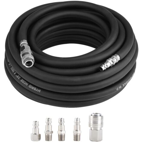 Manguera neumática flexible de goma de 15 m con kit de accesorios para compresor de 5 piezas.