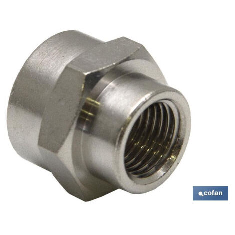 Manguito Hembra-Hembra Reducido Latón Niquelado                 Tubo (1) 1/4" - Tubo (2) 1/2"