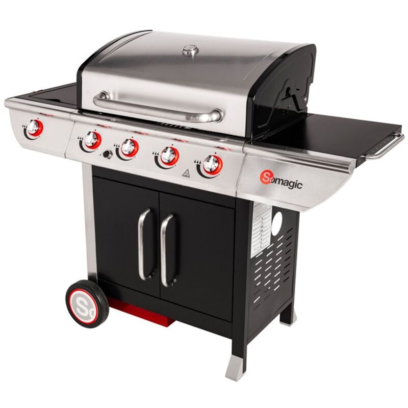 Barbecue à gaz avec chariot Manhattan 450GPI, 4 brûleurs, 1 réchaud latéral et plancha - Somagic