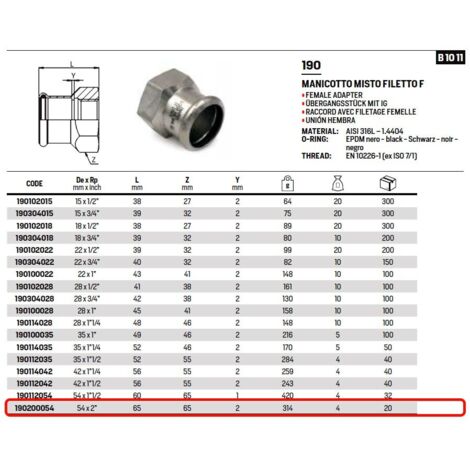 Manicotto misto filetto F ø54x2"F inox 316L press. 190200054