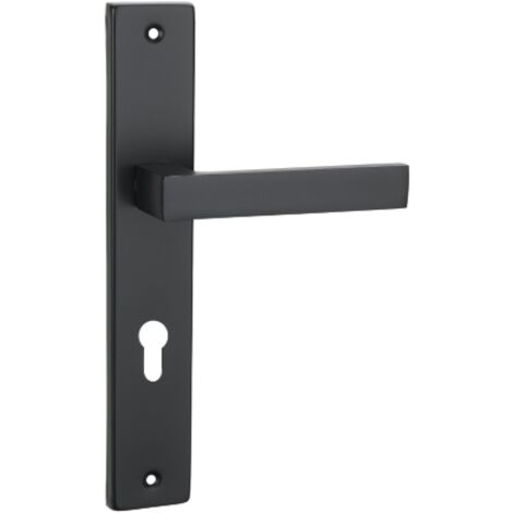 Maniglia per porta Domino Qubik su piastra lunga con foro per cilindro, nera, interasse 72 mm