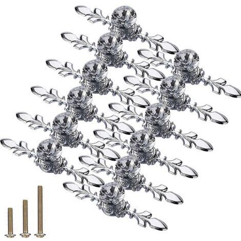 Maniglie decorative in cristallo trasparente con taglio a diamante - per cassetti, toelette, ecc. - Set da 12, argento, lunghezza 17 cm