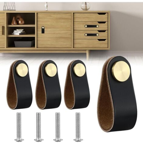 Maniglie per mobili in pelle KZQ, pomelli per ante di armadietti, pomelli per cassetti in pelle, maniglie vintage per armadi, cassettiere, cucina e bagno (nero, foro singolo)