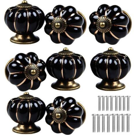 Maniglie per porte in ceramica a forma di zucca, adatte per cucine, toelette, cassetti, armadi, ecc. (Nero, set da 8)