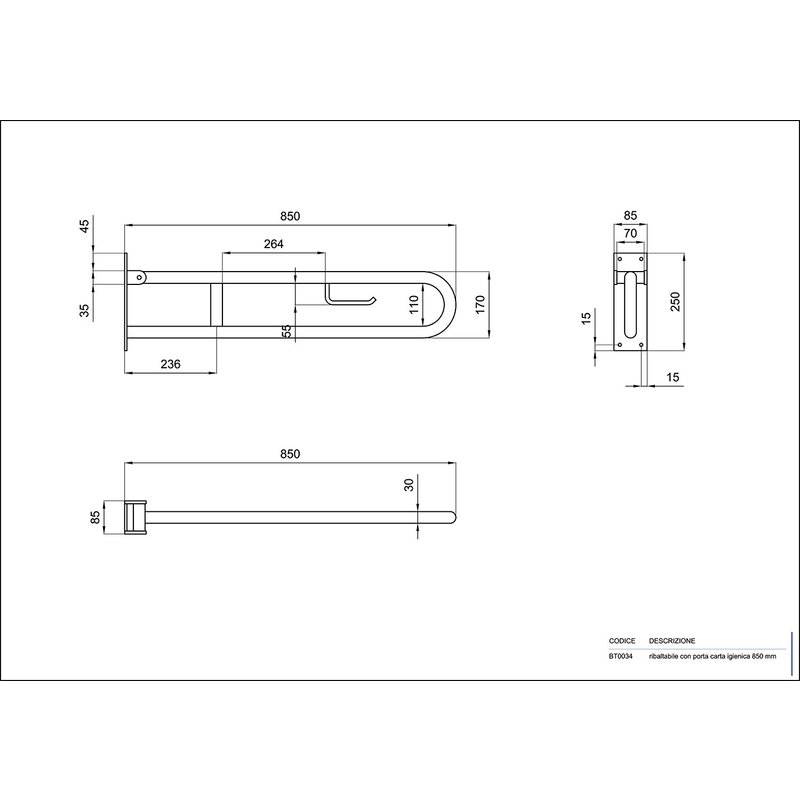 Maniglione Ribaltabile Da Bagno Per Ausilio Disabili Anziani Acciaio Bianco 85 Cm Completo Di Porta Carta Igienica Bt0034