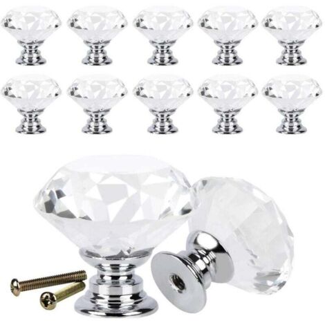 Manijas y pomos de vidrio KZQ para muebles, 12 piezas - Pomos para puertas de gabinetes y cajones - Cristal transparente con base plateada - 30 x 28 mm