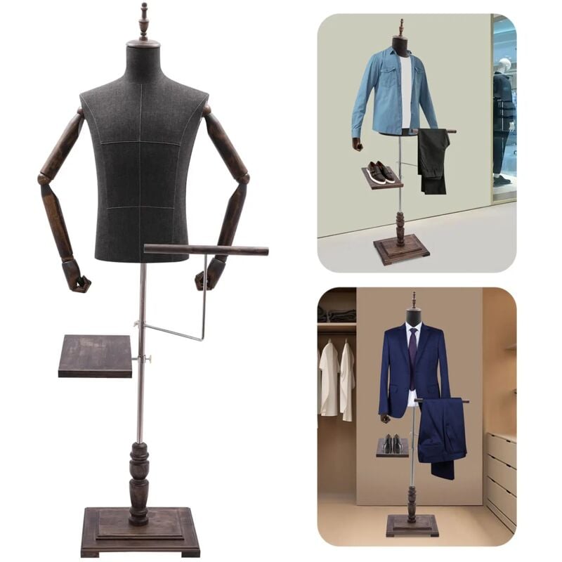 Mannequin masculin, réglable en Hauteur90° pivotant, porte-costume rétro Homme avec porte-pantalon support de chaussure, bois de haute qualité pour
