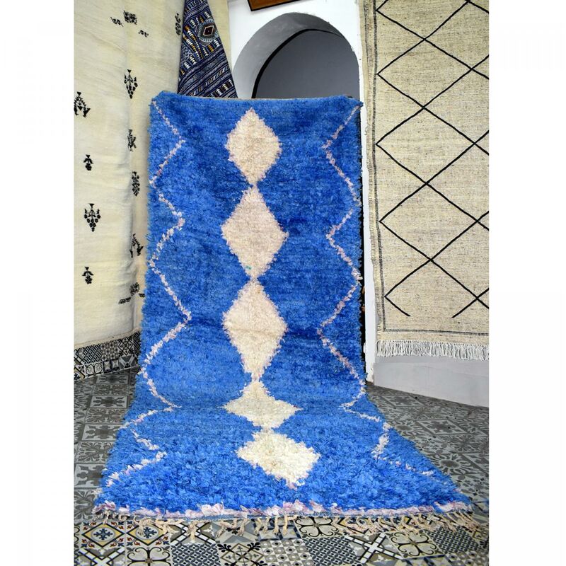 

Unamourdetapis - Alfombra berber boucharouite g en tela azul reciclado - Bleu