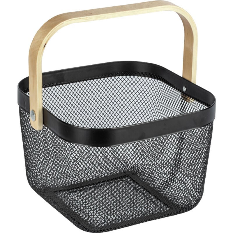 Corbeille Bambusa, panier de rangement métallique avec poignée en bois bambou, acier - bambou, 25x17x25 cm, noir/bois - Wenko