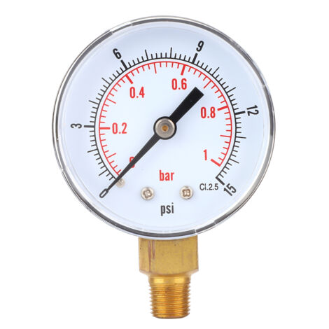 Manomètre 50mm avec raccord 1/8 BSPT inférieur pour fluides (air, eau, huile, gaz) - Gamme 0-15 PSI / 0-1 bar