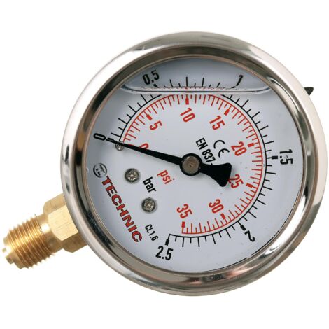 Manomètre à glycérine, jauge de pression, horloge, 63 mm, 0-2,5 bar, filetage 1/4" (fond).