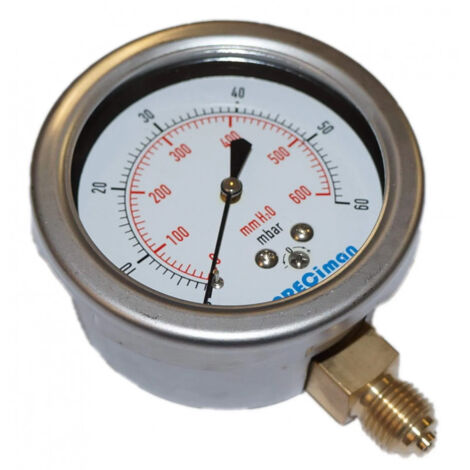 Manomètre chauffage central 63 mm – Plage de mesure 0 à 60 mbar – Raccord G 1/4 en bronze OT59 – Protection IP55-65