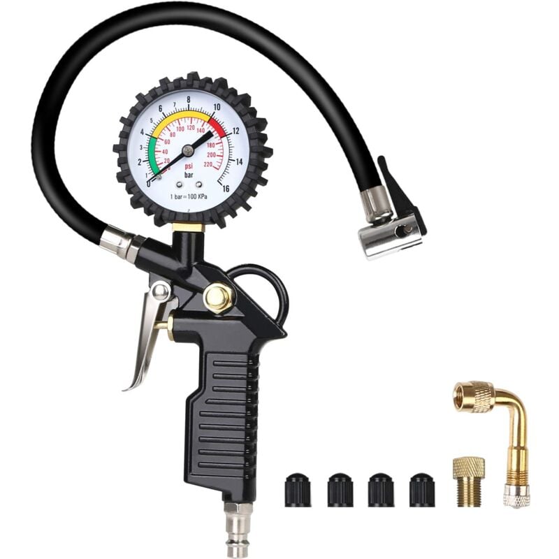 Csparkv - Manometre Pression Pneu, Numérique Manomètre Pneu, Pistolet de Gonflage Manomètre Avec 4 Bouchons de Valve/un Adaptateur de Buse à Air