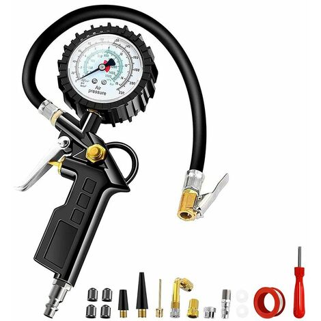 Manomètre Pression Pneue Haute Précis 220 PSI Multifonctionnel Jauge de Pression Numérique avec 15 Accessoires Pistolet de Gonflage Air Portable pour Voiture Camion Moto Vélo