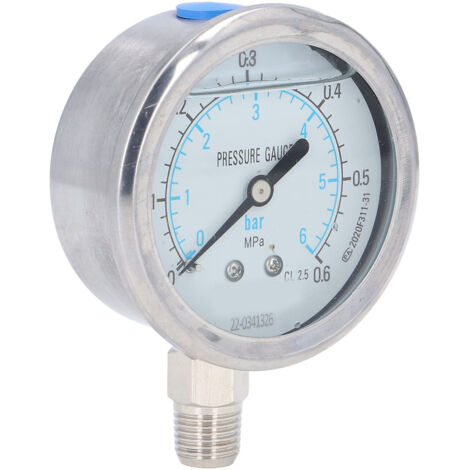 Manomètre vide/pression 0-0.6MPa, précision 2.5, boîtier inox, cadran transparent, raccord 1/4 NPT