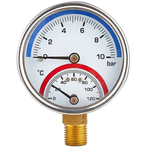 Manometro e termometro 2 in 1, 0 bar - Doppia visualizzazione di temperatura e pressione - Per impianti di riscaldamento a pavimento con attacco filettato (G1/2)