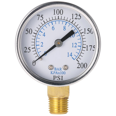 Manómetro hidráulico de esfera para filtro de piscina, 50 mm, de 0 a 200 psi (0 a 14 bar), rosca NPT de 1/4".