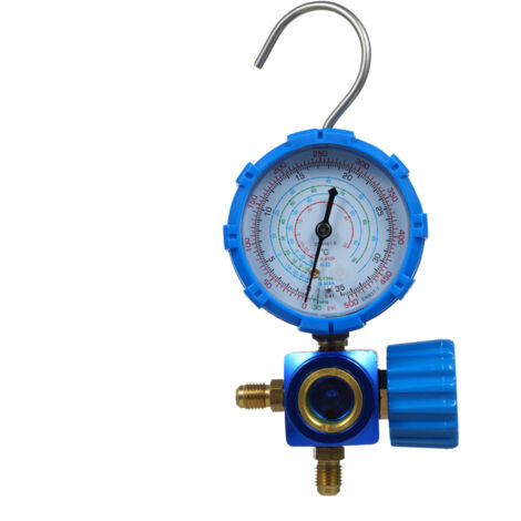 Manómetro sencillo para aire acondicionado, con escala clara, compatible con refrigerantes R410A, R22, R134A y R404A.
