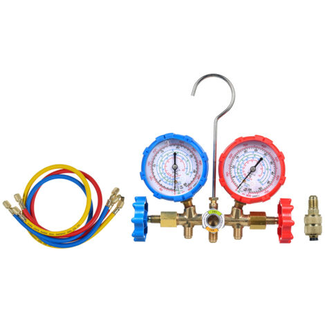 Manómetros para aire acondicionado, kit de manómetros para R134a, R32, R22 y R410A, kit de manómetros automotrices de 3 vías con adaptador de manguera