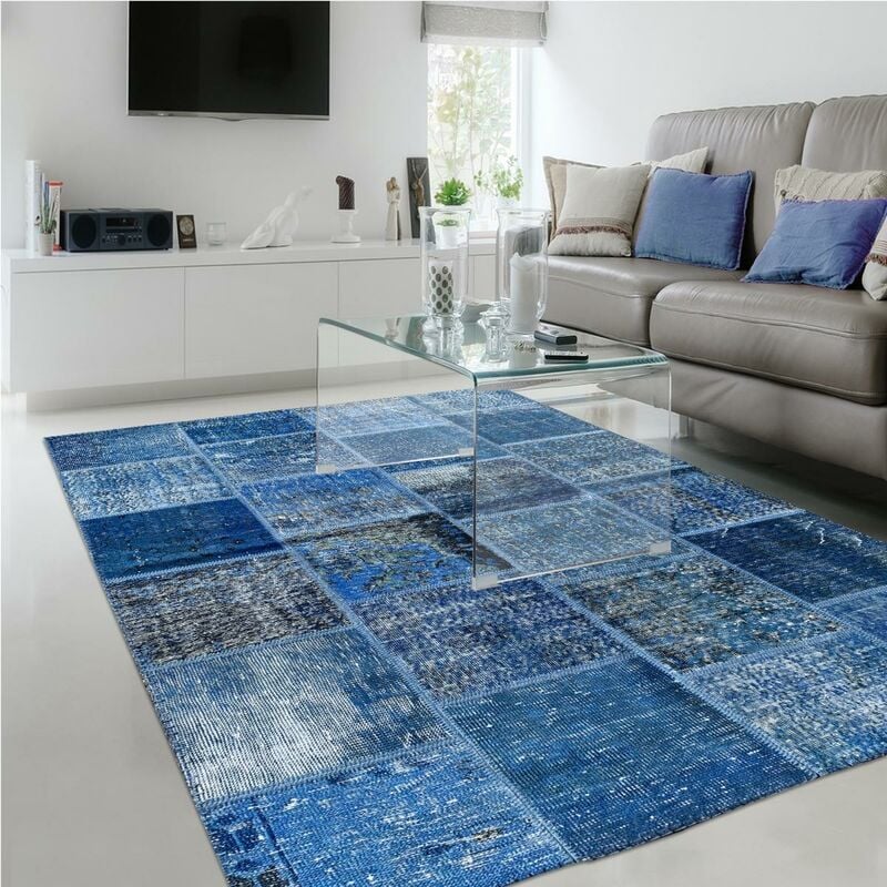 

Unamourdetapis - manta moderno diseño de 80x150 cm rectangular PATCHWORK CLASE 1A2T Beige habitación anudadas a mano - Bleu