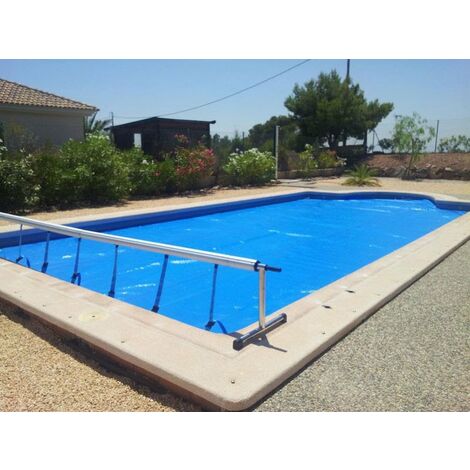 MANTA TÉRMICA (6x6m) (COBERTOR TÉRMICO-CUBIERTA ISOTÉRMICA-TOLDO PARA PISCINA) DE 600 MICRAS ECONÓMICA CON REFUERZO EN LOS LADOS ESTRECHOS + OJALES EN ACERO INOXIDABLE + CUBIERTA DE PROTECCIÓN PARA COBERTOR SOLAR + ENROLLADOR TELESCÓPICO DE 81mm.