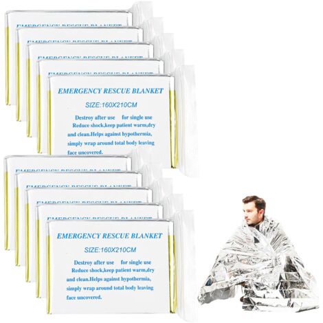 Mantas de emergencia reutilizables (10 unidades), resistentes al agua y al desgarro, térmicas, para exteriores, senderismo, supervivencia, maratones y primeros auxilios (doradas y plateadas, 160 x 210