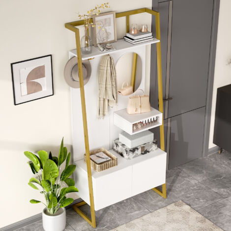 Manteau moderne minimaliste, meuble de rangement multifonctionnel ouvert avec miroir, crochets métalliques, porte-manteau avec banc à chaussures, rangement chaussures, penderie