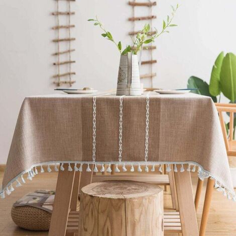 Mantel de algodón y lino con borlas marrones, bordado, impermeable, 140 x 140 cm