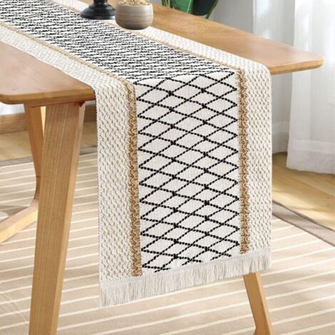 Mantel de cuerda jacquard - Estilo bohemio - con borlas - Tejido a mano en algodón y lino - Estilo rústico - Para cocina y comedor (30 x 200 cm)