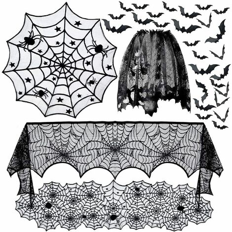 Mantel de Halloween Corredores de mesa Chimenea Bufanda Pantalla Conjunto de Halloween Mono Decoración de Halloween (juego de 4 piezas + 32 murciélagos)