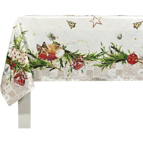 MANTEL DE NAVIDAD PUPPIES 150x200 cm - BLANCO/ROJO