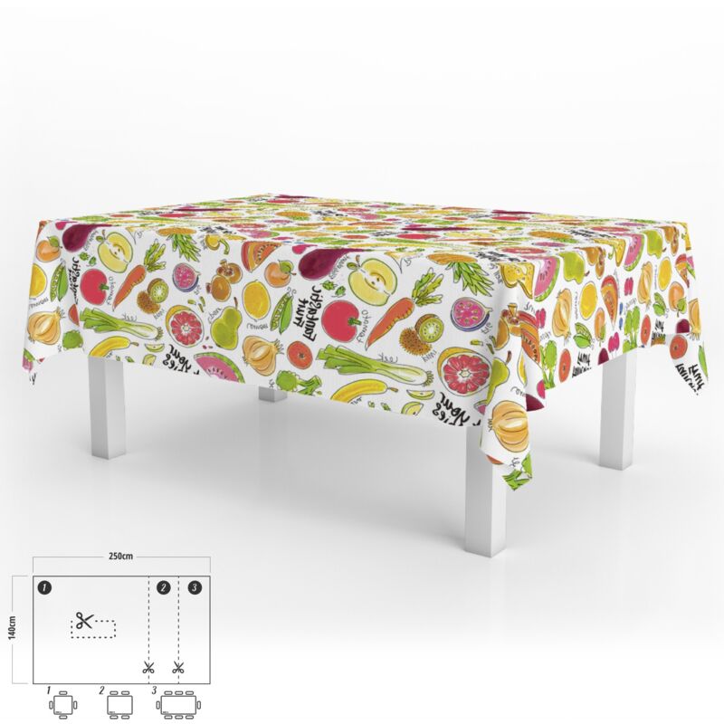 

Mantel hule rectangular frutas fantasia impermeable antimanchas pvc 140x250 cm. recortable uso interior y exterior
