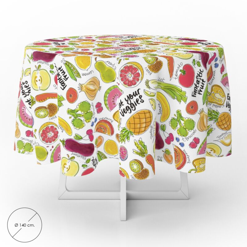 

Mantel hule redondo frutas fantasia impermeable antimanchas pvc Ø 140 cm. uso interior y exterior