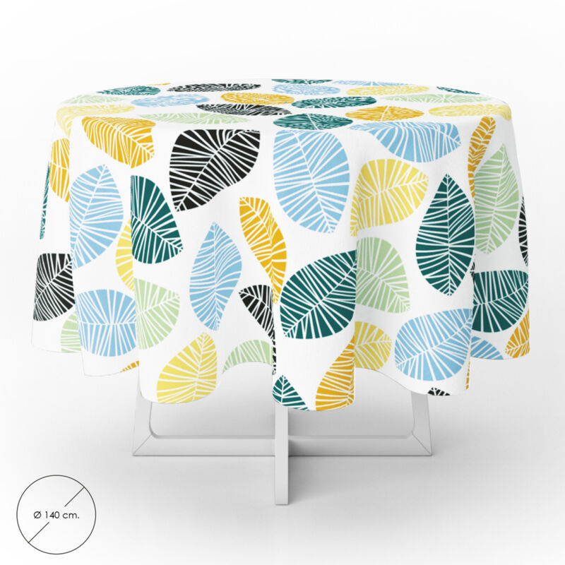 Nappe ronde en toile cirée anti-taches Ø 140 cm. Couleurs des feuilles