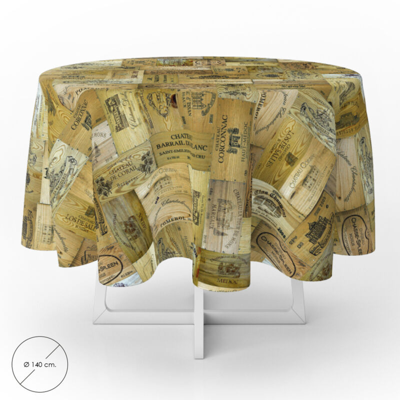 Nappe ronde en toile cirée anti-taches Ø 140 cm. Planches de vin