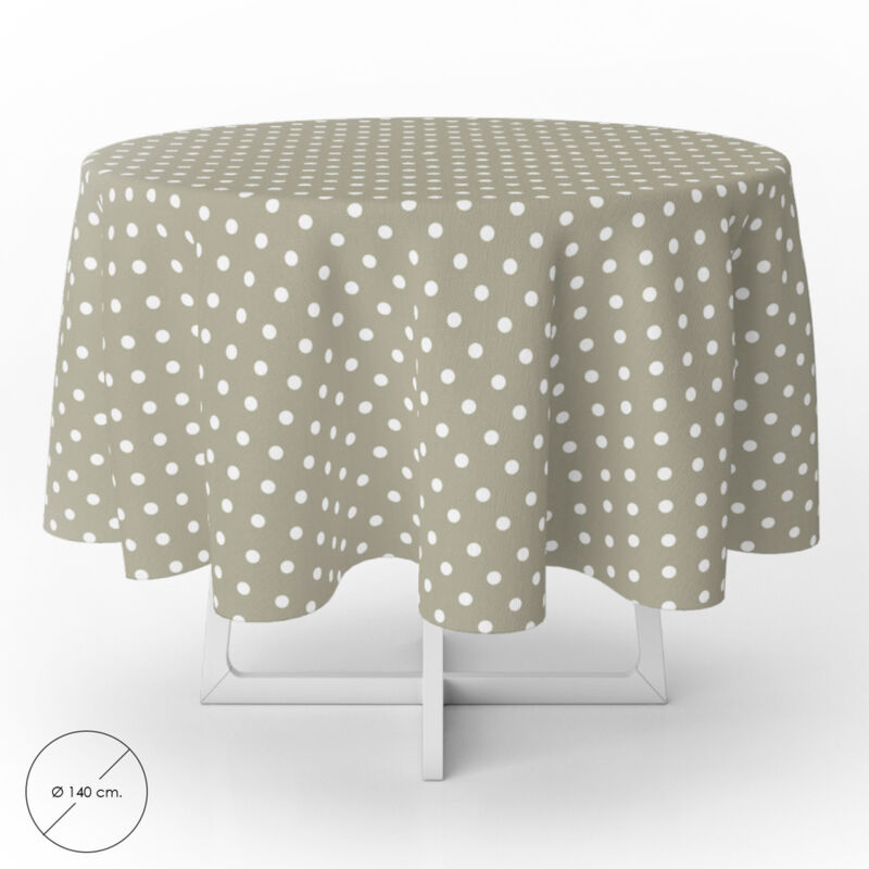 Nappe ronde en toile cirée anti-taches Ø 140 cm. Pois beiges