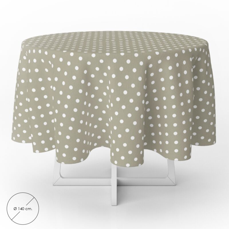 

Mantel hule redondo topos beige impermeable antimanchas pvc Ø140 cm. uso interior y exterior