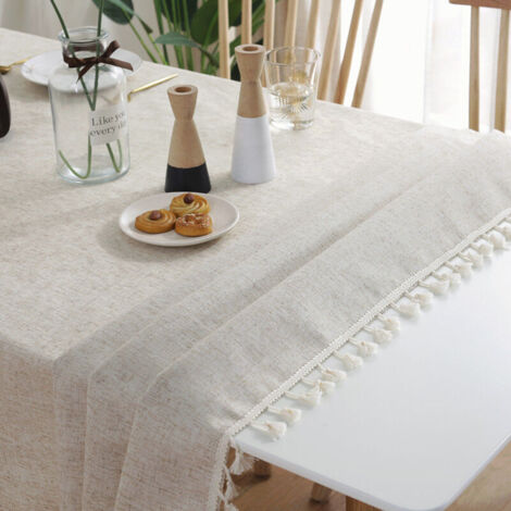 Mantel rectangular lavable y antimanchas, liso, con flecos, de lino y algodón, ideal para mesa de buffet (beige, 140 x 220 cm)
