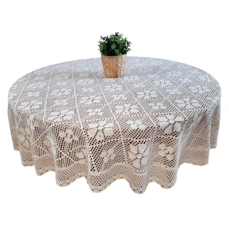 Mantel redondo de ganchillo, diámetro 160 cm, color beige natural.