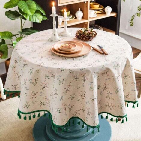 Mantel redondo de lino y algodón con estampado floral, lavable con borlas, antimanchas, ideal para mesa de comedor o picnic, 150 cm (beige).