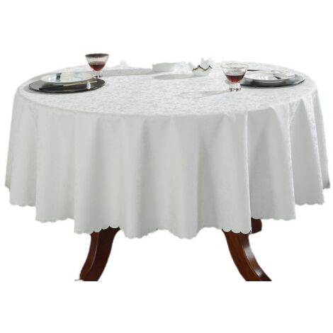 Mantel redondo impermeable de PU, protege la mesa, fácil de limpiar, estilo europeo (blanco roto, 240 cm de diámetro).