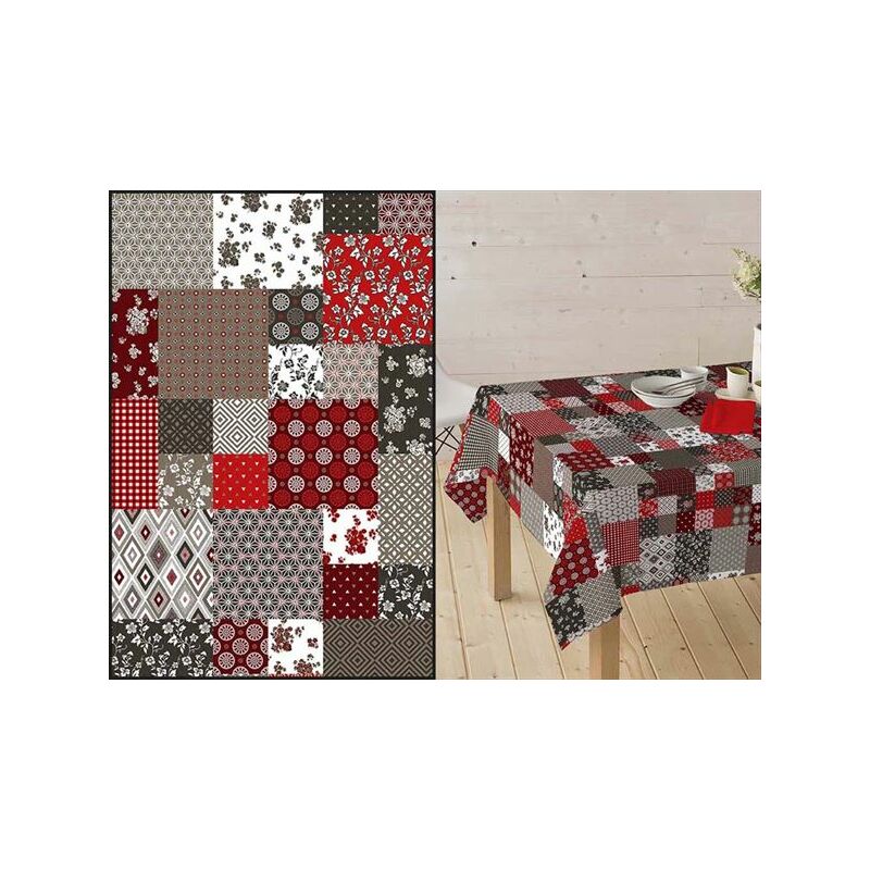 

Mantel Resinado Estampado PATCHWORK ELENA Gris y Granate 140cms Redondo