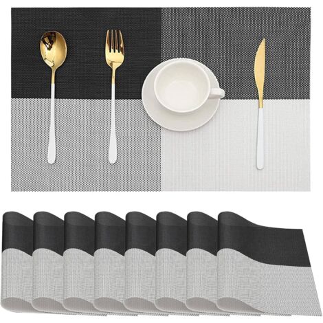 Manteles individuales de PVC de 8 piezas, rectangulares, de 45x30 cm, con estampado a cuadros blancos y negros, lavables, resistentes al calor y antideslizantes.